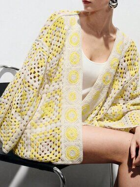 Yellow Casual Women's Crochet Pattern Dolman Sleeve Loose Knit Cardigan